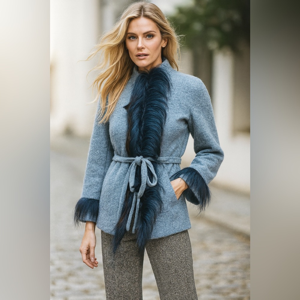 Liu Jo Blue Felted Wool Coat with Dyed Hair Fur Trim Statement Jacket Cardigan